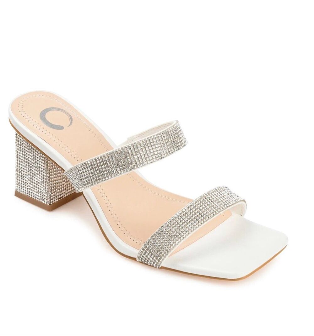 Journee Collection White Rhinestone Block Heel Sandals Size 8